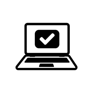 Laptop computer icon with check mark on screen isolated on white background