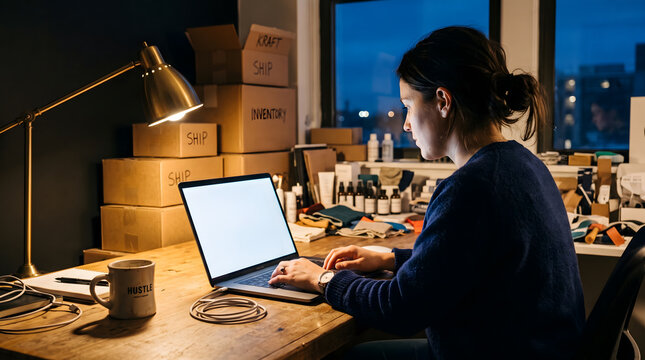 Woman Working Late on Laptop Surrounded by Shipping Boxes in Home Studio
