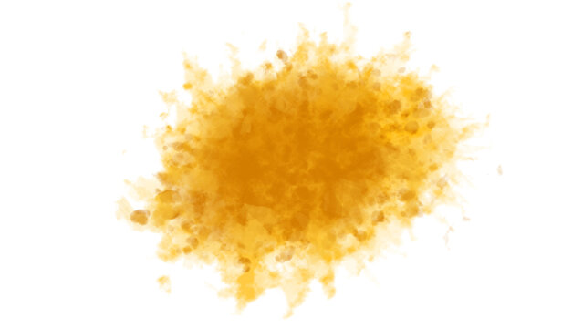 A vibrant, concentrated burst of warm yellow and orange powder creates an energetic, abstract splotch on a white background.