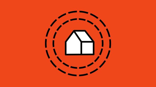 Orange background featuring a small white house icon surrounded by dashed white concentric circles suggesting a coverage area or a service radius