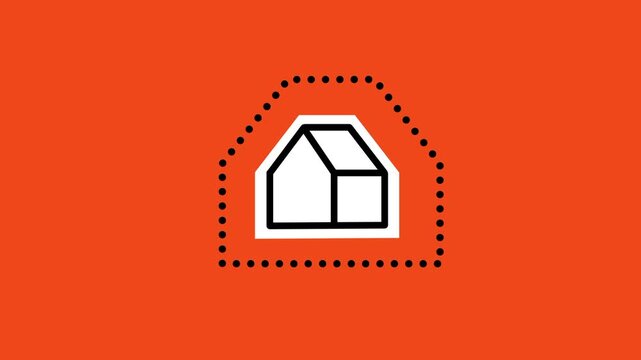 Orange background with a small white house icon enclosed inside a dotted arch shaped boundary line, representing a protected zone or coverage area