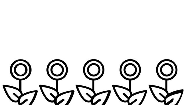 White background featuring a neat row of five simple outlined flowers with stems and leaves drawn in a flat minimal black and white garden style art