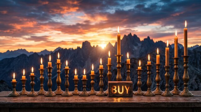 Financial market trading strategy and investment concept photo. Row of glowing candles in brass holders with a buy sign on a wooden table against a sunset mountain range backdrop for finance