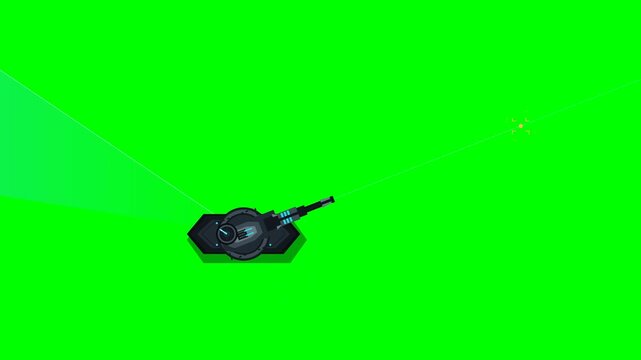 A futuristic automated defense turret activates its radar, detects a moving target, calculates its position, mechanically rotates and elevates the cannon to track the target