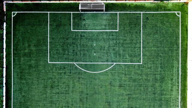 Aerial view of the soccer field at Brzece Sports Centar with artificial turf and white markings in Brzece, Rasina District, Serbia.