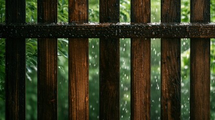 Fototapeta premium Water droplets sit on the wet wooden fence boards in the garden after rain with greenery shining under the soft light.