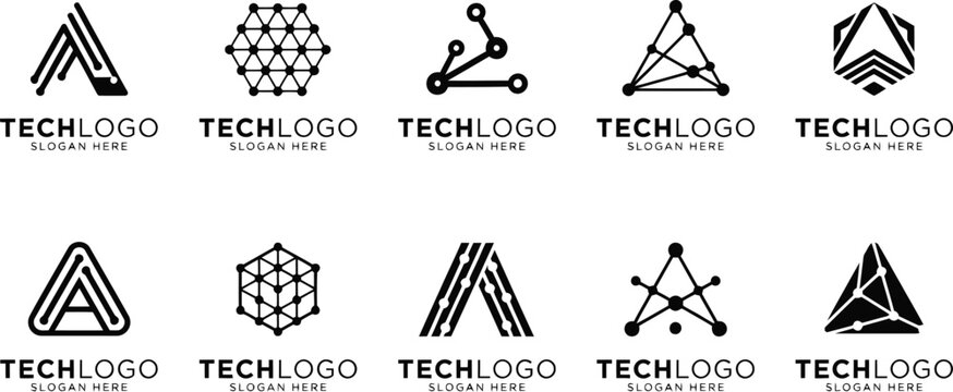 Modern technology logo set showcases black geometric alphabet A shapes with circuit board connections.