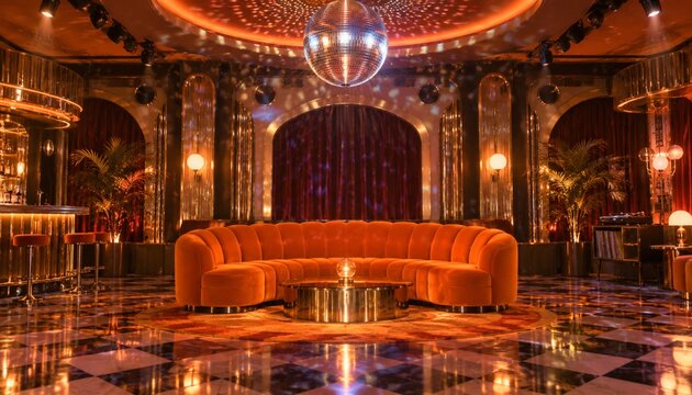 Luxurious retro nightclub interior with orange velvet sofa