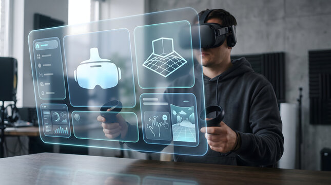 Virtual Reality Experience With Immersive 3D Interface, Digital Interaction, and Headset Technology