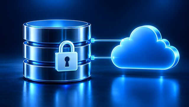 Encrypted database cylinder with padlock connected to cloud network demonstrating secure digital storage architecture