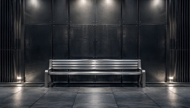 Minimal metal bench against dark industrial wall with dramatic lighting