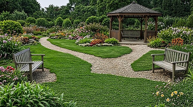 Beautiful landscaped garden park with wooden gazebo benches winding path and colorful blooming flowers