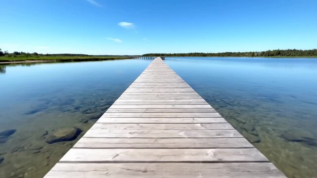 The wooden trestle bridge on the lake is a natural scenery, and the wooden trestle road on the lake extends to the scenery