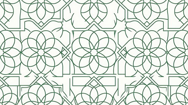 Islamic geometric floral pattern in green line art style.