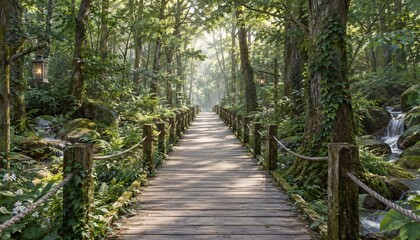 Obraz premium Peaceful wooden pathway through lush green forest with flowing stream