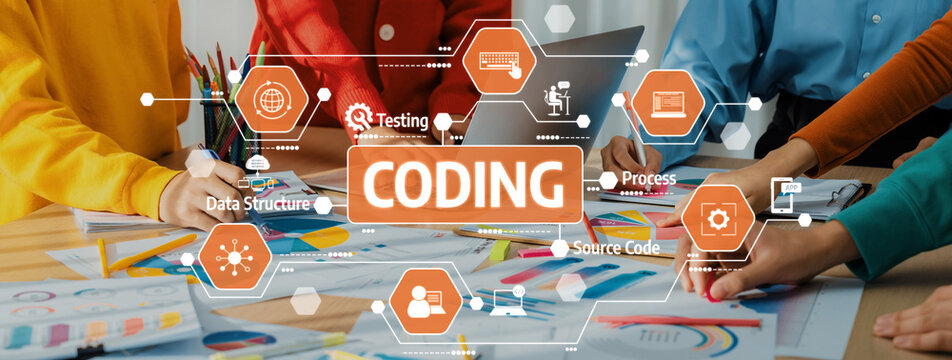 Vibrant workspace showcasing individuals collaborating on coding concepts and data structure elements, surrounded by technology icons and colorful graphics. Amity