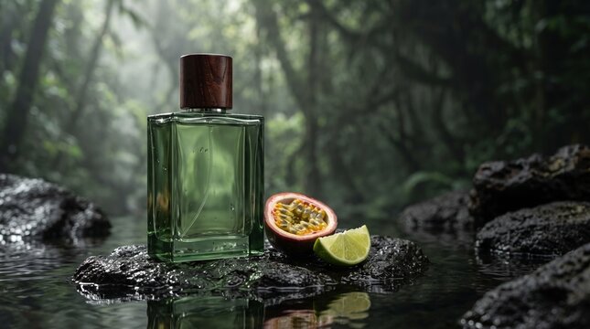 Luxury fruit perfume bottle resting on wet rocks in a lush rainforest