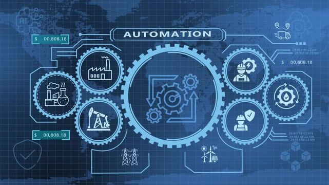 Industrial automation technology with machinery icons for efficient production and connected control.