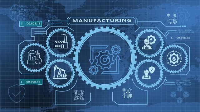 Manufacturing technology with factory gears and industrial icons for modern production operations.