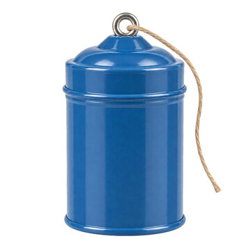 Isolated bright blue decorative metal tin with a natural twine string