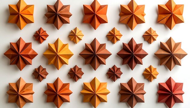 Autumn origami stars pattern background, handmade folded paper crafts in warm fall colors orange and brown, geometric top view flat lay composition