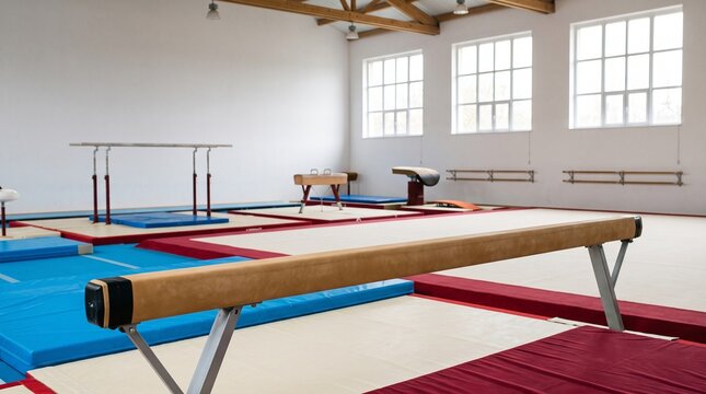 Gymnasium interior with balance beam and gymnastics equipment, ready for training