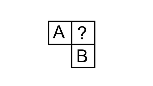 Minimalist square graphic animation sequence representing logical reasoning puzzle for testing