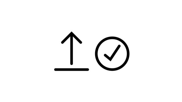 Black thin line upload symbol with an arrow and a rotating circle and then a check mark animation