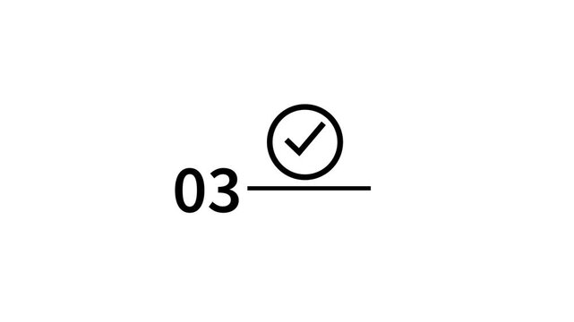 Animated number 03 with line and spinning circle then check mark on white background motion graphic