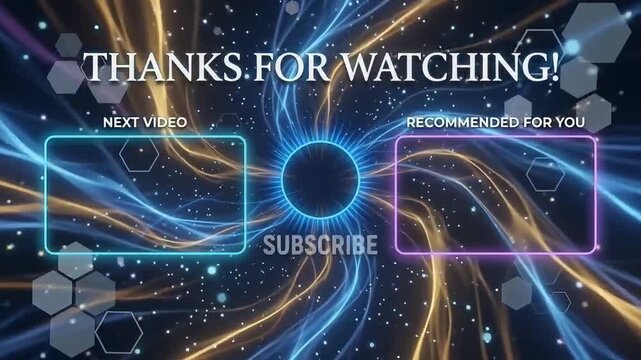 Outro template video with animated neon glowing subscribe button and blue glowing abstract motion background motion graphic