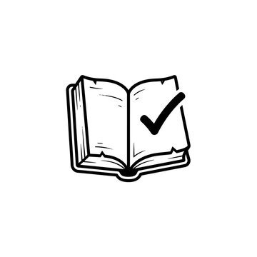Hand Drawn Open Book with Checkmark Symbol Ink Doodle Vector Illustration