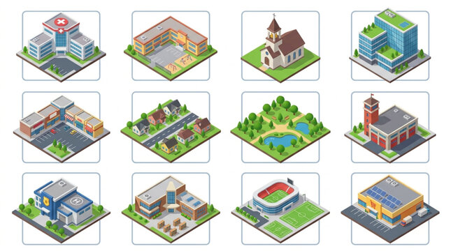 Elegant Isometric Set of Diverse Buildings and Landmarks with Vibrant Colors and Detailed Architecture