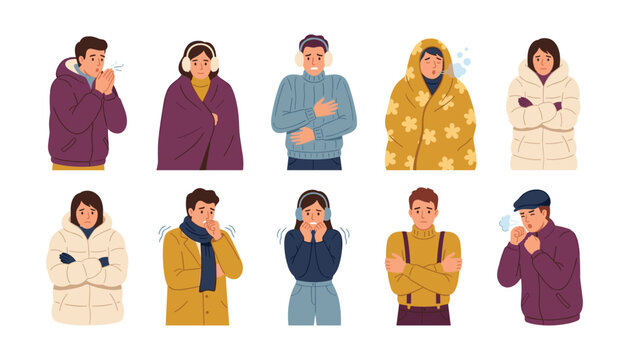Freezing people shivering in cold winter weather wearing warm jackets blankets and earmuffs vector character set
