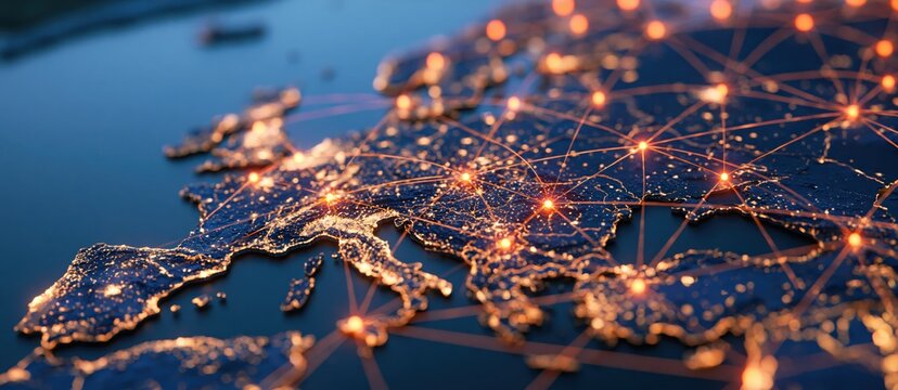 Network map of europe showing digital data communication technology and global internet infrastructure connectivity