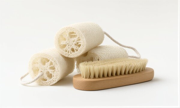 Natural loofahs and wooden brush for gentle, eco-friendly bathing rituals.