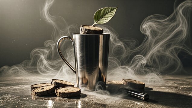 Steamy boba tea in a cup, condensation glistens on its surface.