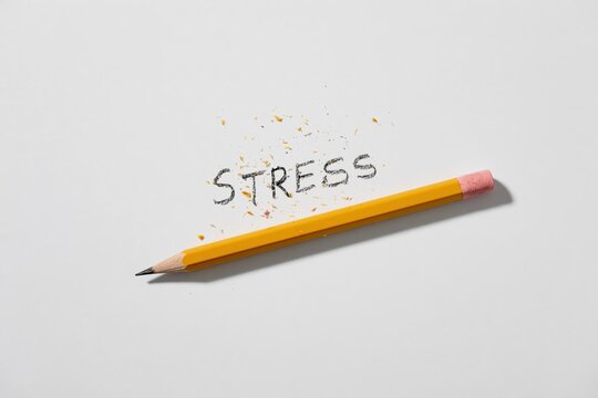Broken pencil erasing the word stress on white paper, minimal concept, close up