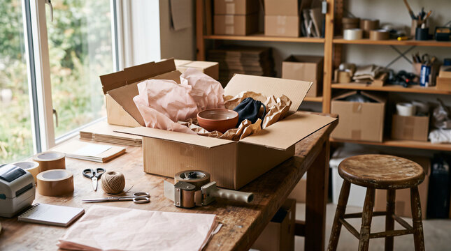 Crafting and packaging handmade items in an artisanal workshop studio