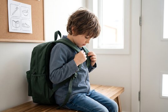 Child Putting On Backpack Independently Before School