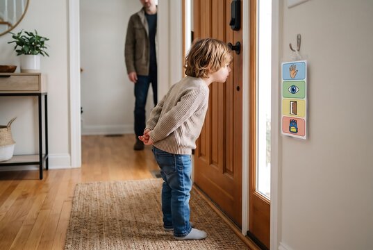 Child Walking Toward Door With Backpack Independently