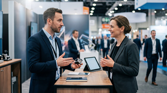 Business people talking at trade show booth with tangible experience