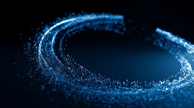 futuristic fragmented data halo, luminous blue particle ring with multiple broken sections, tiny glowing points separating from the circular structure and drifting into darkness