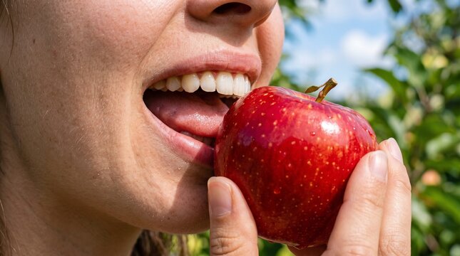 Woman biting into a fresh red apple held in her hand outdoors.
