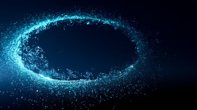 futuristic incomplete circular ring constructed from floating glowing micro particles, several separated fragments orbiting around the broken opening,