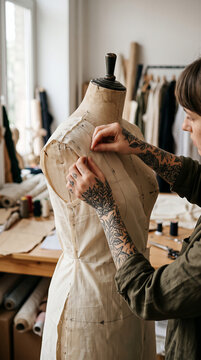 Artisanal fashion designer working on a dress form in studio