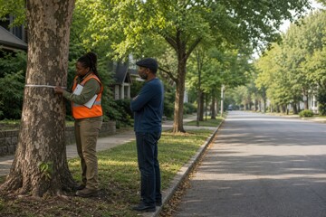 Fototapeta premium Urban tree inventory technician measuring a trunk while a resident observes