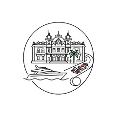 Obraz premium Circular line-art vector illustration featuring iconic symbols of Monaco: the casino, an F1 car, a yacht, and a palm tree