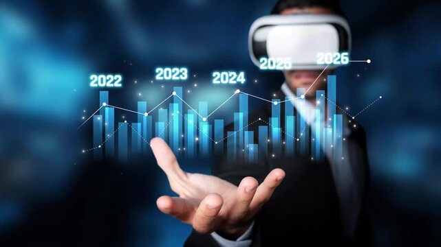 A businessman wearing virtual reality goggles interacts with digital graphs and data projections, visualizing market trends and forecasts for upcoming years effectively. Raster