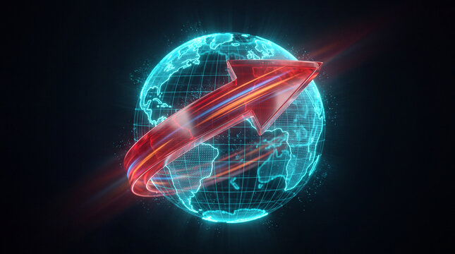 A futuristic 3D digital holographic globe representing global business growth, technological connectivity, and economic success with a glowing red upward arrow.