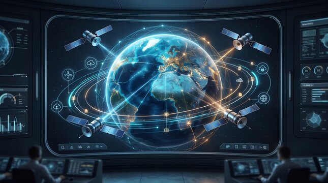 Satellites Orbiting Connected Digital Earth in Control Center Screen for Global Telecommunications Monitoring